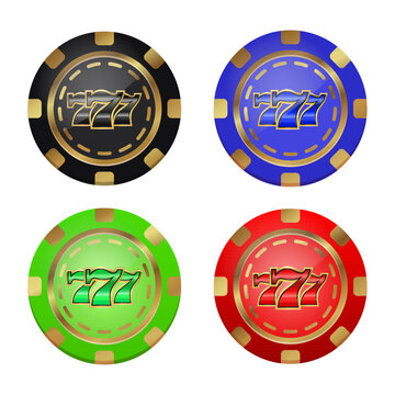 Vector casino chips with winning combination 777. Realistic colored chips: green, gold, red, black, blue.