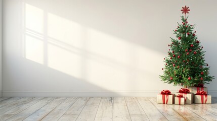 Minimal white living room interior with festive christmas tree, gift boxes, and space for text.