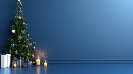 Festive christmas tree and gift boxes in modern minimal blue living room interior with copy space