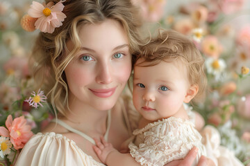 Close-up of caucasian mother holding baby on her chest smiling happily, look at camera, soft background decorated blurred beautiful flowers.