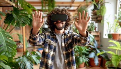 Young businessman wearing virtual reality glasses in startup office for online metaverse meeting