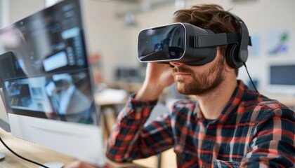 Young businessman using vr glasses for online metaverse meeting in startup office environment