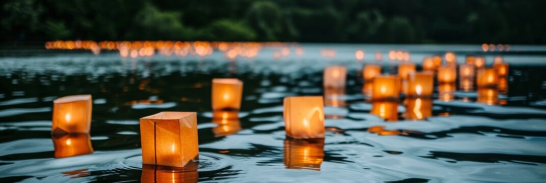 Traditional floating lantern festival at night with paper lanterns on dark water for memorial day.