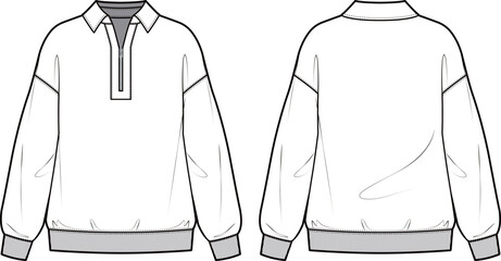 Technical flat sketch of Half zip up sweatshirt. Collared oversize top with drop shoulder and rib trims. Front and back apparel. Vector mock up Template.  - obrazy, fototapety, plakaty
