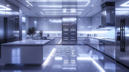 An ultramodern kitchen with sleek stainless steel appliances and pristine white countertops. Soft under-cabinet lighting illuminates the geometric patterns on the floor tiles, while the reflective sur