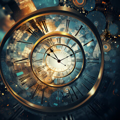 Abstract concept of time with clock faces. 