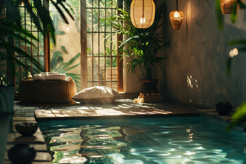 Interior of tropical spa resort with pool and green plants - obrazy, fototapety, plakaty