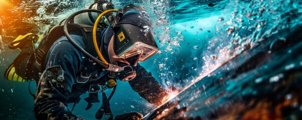 Advanced subaquatic welding techniques being applied close up on diver - obrazy, fototapety, plakaty