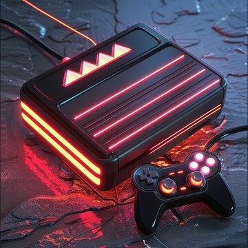 Vintage Atari console with 3D clean neon accents a tribute to the dawn of gaming