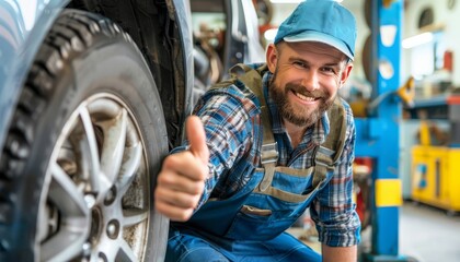 Happy mechanic giving thumbs up next to car tire in auto repair shop, with room for text