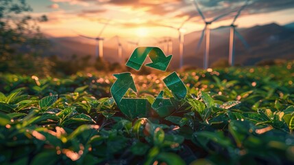 Green recycling symbol with sunrise over a field with wind turbines. Green energy solutions and sustainable power engineering and eco-friendly technology. Generative AI - obrazy, fototapety, plakaty