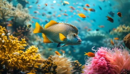 Fototapeta na wymiar Vibrant blue jaw triggerfish in a saltwater aquarium surrounded by colorful corals and marine life