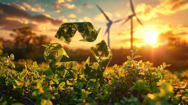 Green recycling symbol with sunrise over a field with wind turbines. Green energy solutions and sustainable power engineering and eco-friendly technology. Generative AI