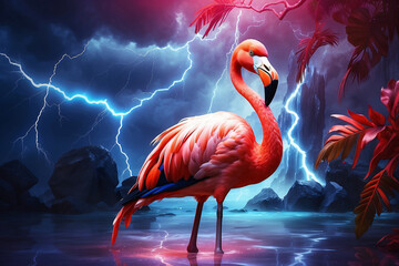 flamingo with lightning effect in the background
