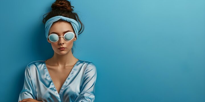 Attractive woman in sleepwear and eye mask standing against blue backdrop. Concept Fashion Photography, Sleepwear, Eyemask, Blue Backdrop