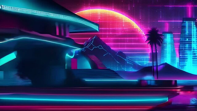 Retro Futurism Brilliance: Dazzling Sci-Fi Synthwave Background with Electric Blue and Pink Neon