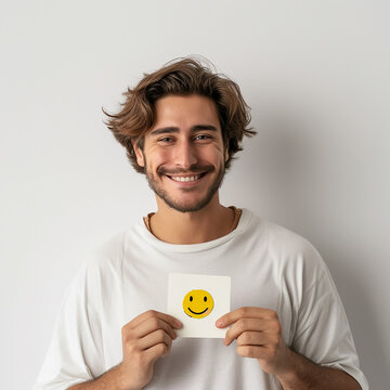 man holding card with smiling emoji. emotion