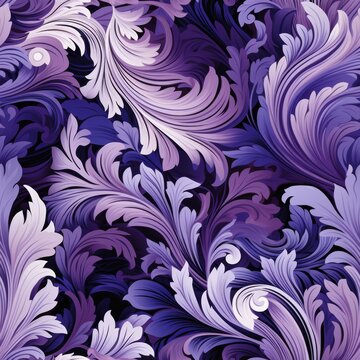 A seamless and stylish pattern featuring intricate floral swirls in shades of purple and white, perfect for fabric or wallpaper design. © Zuyu