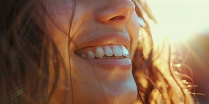 A close-up capturing a bright smile with sunlight softly illuminating the face , concept of Joy