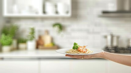 Delicious seafood pasta with shrimps on blurred restaurant background, copy space for text