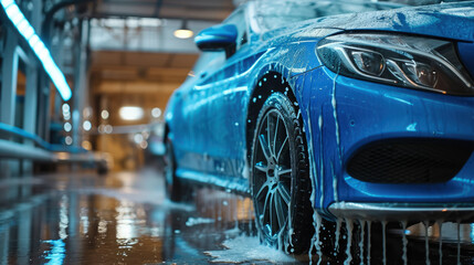 beautiful modern car at a car wash, service station, transport, foam, water, clean, headlights, maintenance, care, bumper, wheels, driving, cleanliness - obrazy, fototapety, plakaty