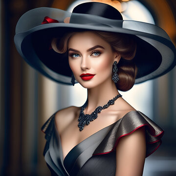 portrait of a woman in hollywood style | Stylish girl in stylish hat | Hollywood girl with black elegant jewllery | Sidepose of a model in hat