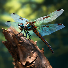 Close-up of a dragonfly perched on a branch.