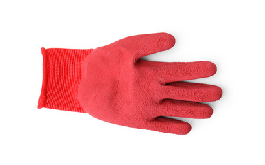 One red gardening glove isolated on white, top view