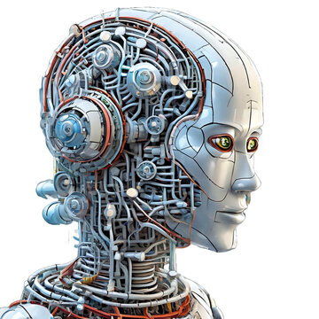 android robot with brain made of pipes