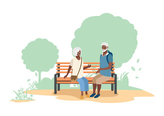 Happy elderly couple relaxing in the park sitting on a bench. Active older people. Vector illustration in simple style.