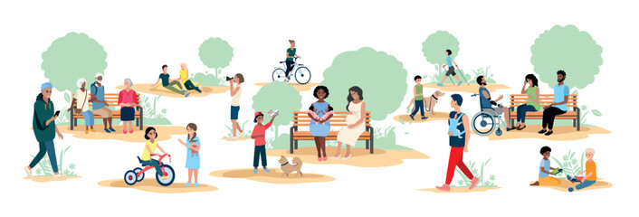 People of different ages and nationalities take a walk in the park. Families with children, elderly and young couples, friends spend time together. Vector horizontal illustration. - 742822870