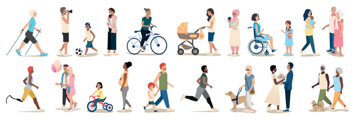 People of different ages and nationalities on a walk. Families with children, old and young couples, mothers with children, athletes, friends spend time together. Big vector set of active people. - obrazy, fototapety, plakaty