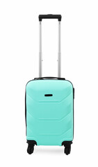 One turquoise suitcase with handle isolated on white