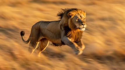 Majestic African Lion in Full Sprint Across the Savannah at Sunset