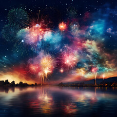 Fototapeta na wymiar Colorful fireworks bursting in the night sky.