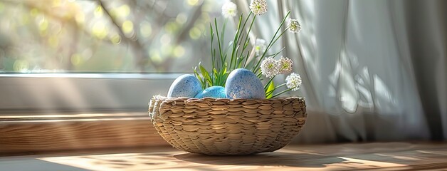 woven basket with blue Easter eggs, in the style of photorealistic renderings, dotted, tabletop photography. Generative AI.