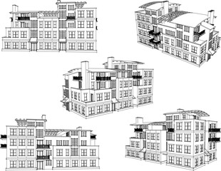 vector sketch design illustrator architectural drawing of apartment building hotel villa - obrazy, fototapety, plakaty