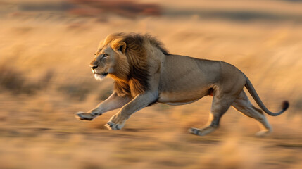 Majestic African Lion in Full Sprint Across the Savannah at Sunset
