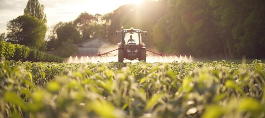 Agricultural tractor spraying pesticide on vast soybean field in the countryside