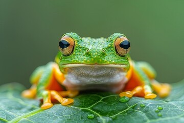 A bright green frog with orange feet is sitting on a leaf and looking at the camera.