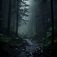 Eerie fog rolling through a dark forest.