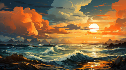 Breathtaking Sky at Sunrise and Sunset: Orange and Red Clouds Over the Blue Ocean, Mesmerizing Landscape of Nature's Beauty, generative AI