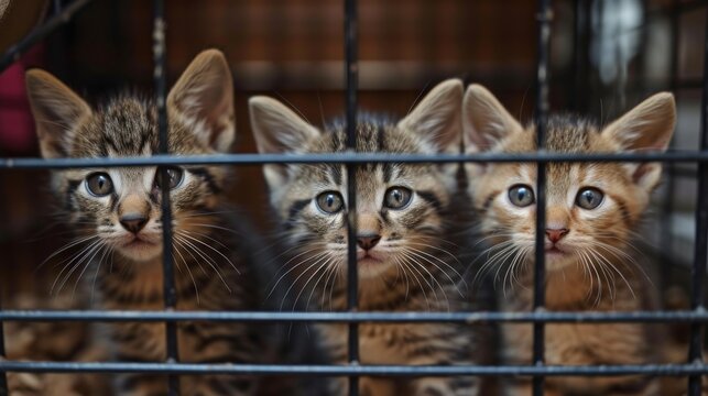 three sad gray tabby kittens in a cage at an animal shelter with the hope that they will be adopted. poster