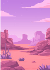Desert landscape with cactus, cloud, stone. Beautiful scenery vector graphic for travel poster in retro style. For poster, card, banner, cloth design ideas. Sunset in canyon. Hand drawn illustration.