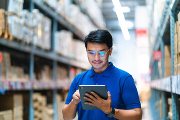 Logistics and export concepts Warehouse manager uses a tablet computer to monitor products in the warehouse. logistics system distribution center.