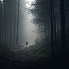 Lone figure walking through a misty forest. 