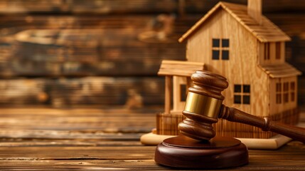 Concept of law and justice in real estate house auctions with an image of a judge's gavel resting on a wooden table in front of a model house. Generative AI technology