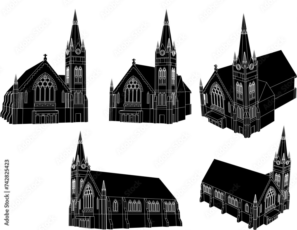 Wall mural Vector sketch illustration design drawing of architecture of Christian holy church with tower