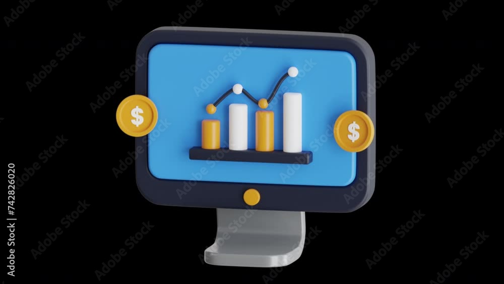 Poster 3d animation of price increase graph with black monitor and coin | alpha channel