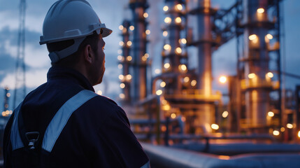 engineer wear safety helmet during work in chemical petrochemical petroleum refinery industry for pipeline of gas oil energy and equipment inspection for oil chemical industrial manufacturing business
